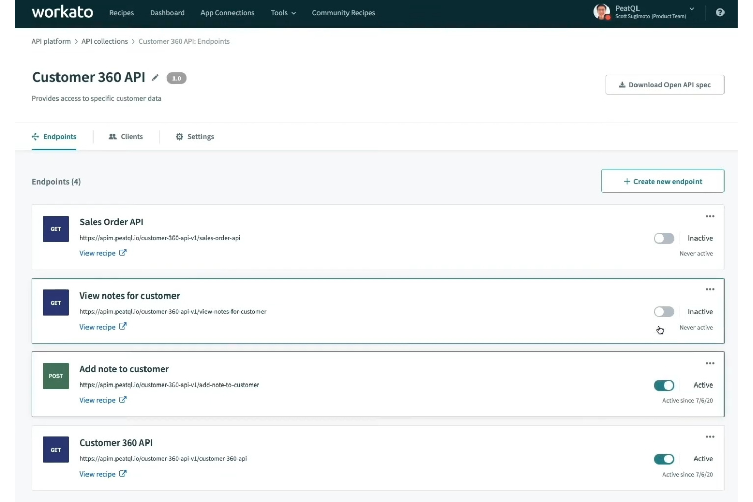 Workato-Kunden-360-API-Übersicht mit vier Endpunkten und aktiven sowie inaktiven Statusangaben.