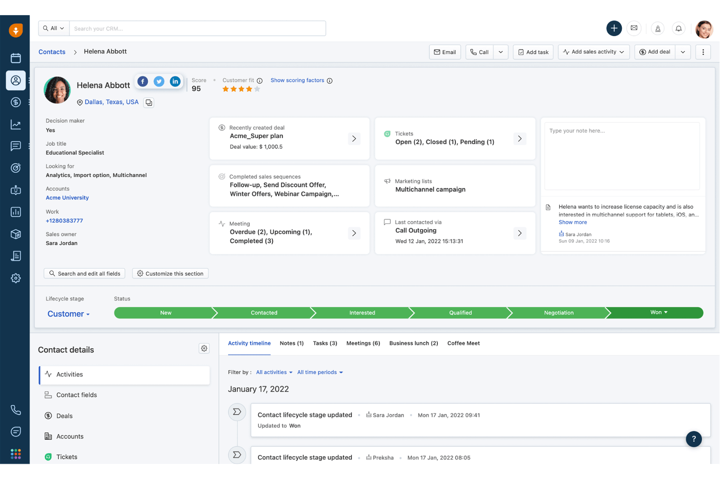 Freshsales CRM contact profile showing activity timeline, deals, and lifecycle stage.