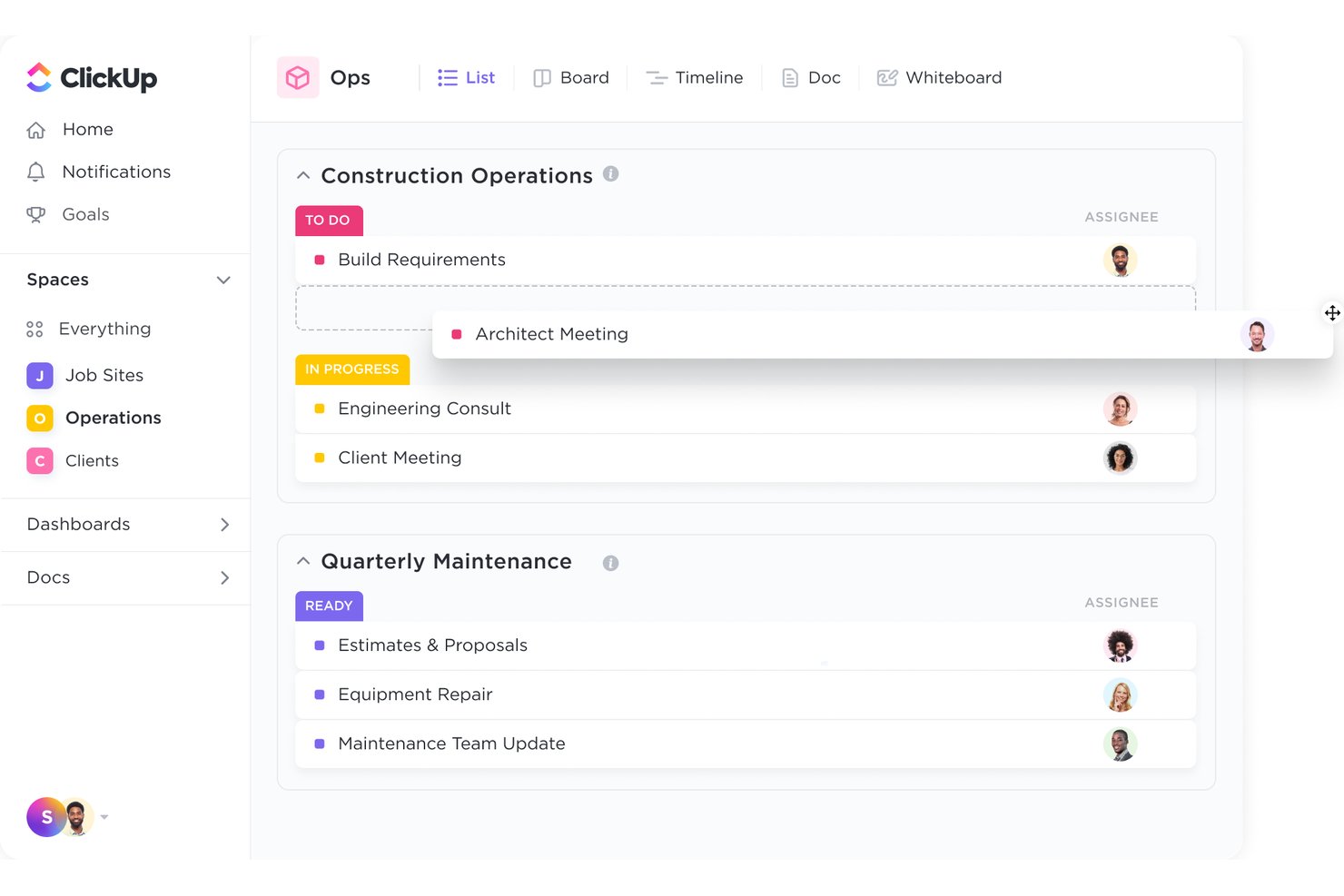 ClickUp List view showing Construction Operations and Quarterly Maintenance tasks with assignees.