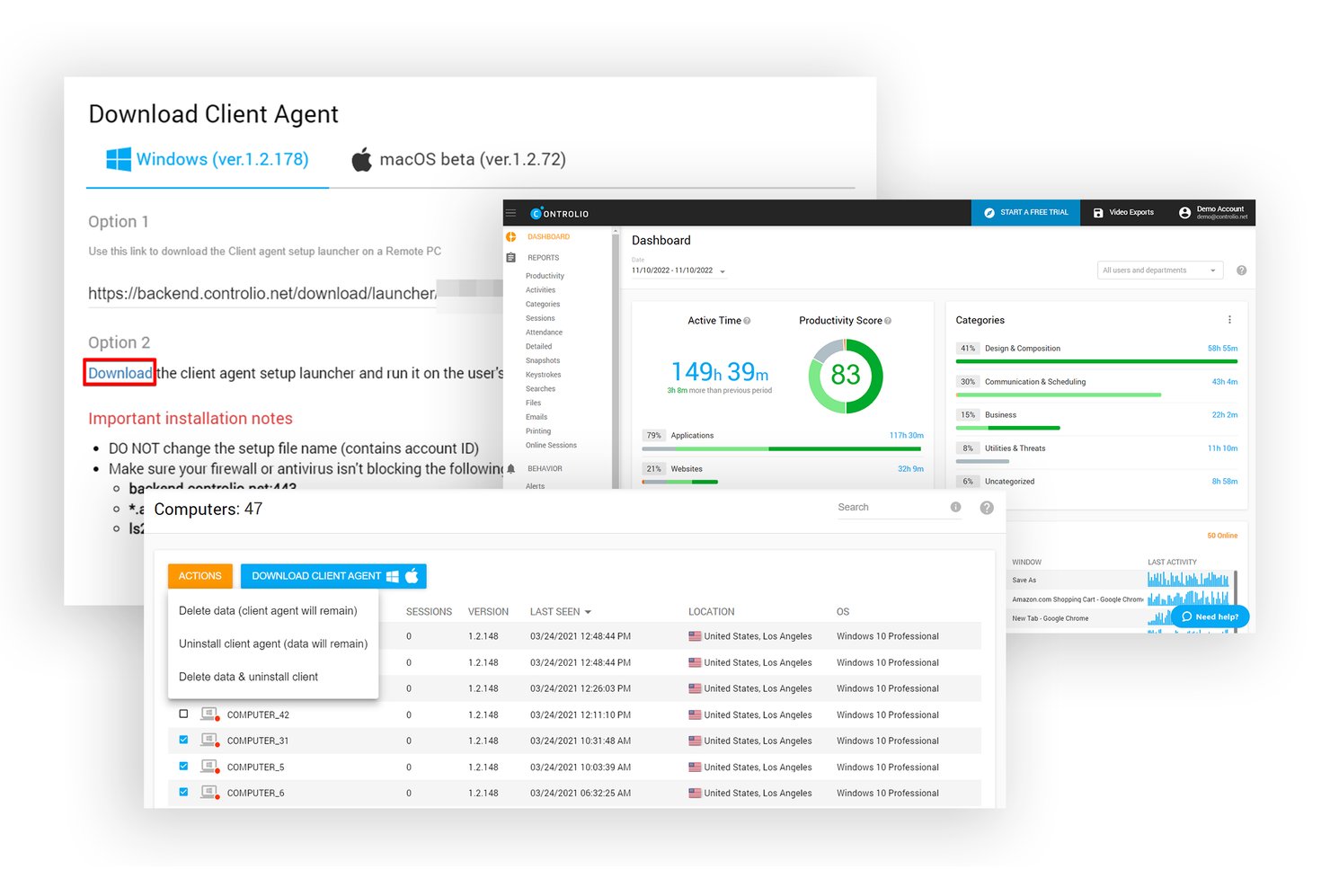 Controlio dashboard showing client agent download options and computer monitoring list.