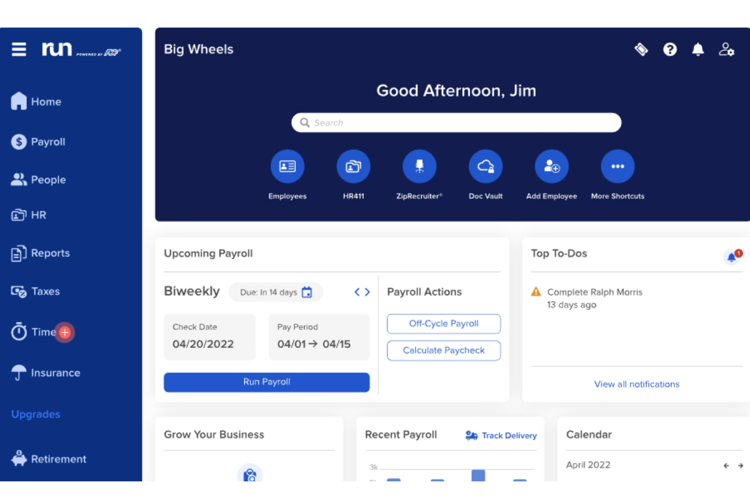 RUN by ADP dashboard showing payroll schedule, shortcuts, and to-do alerts.