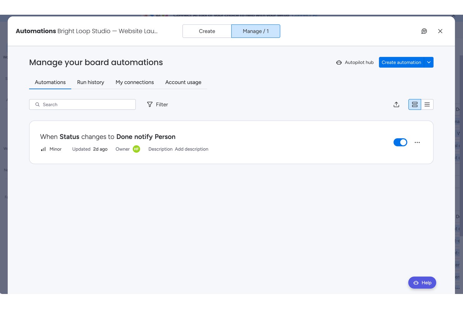 Monday's board automation settings