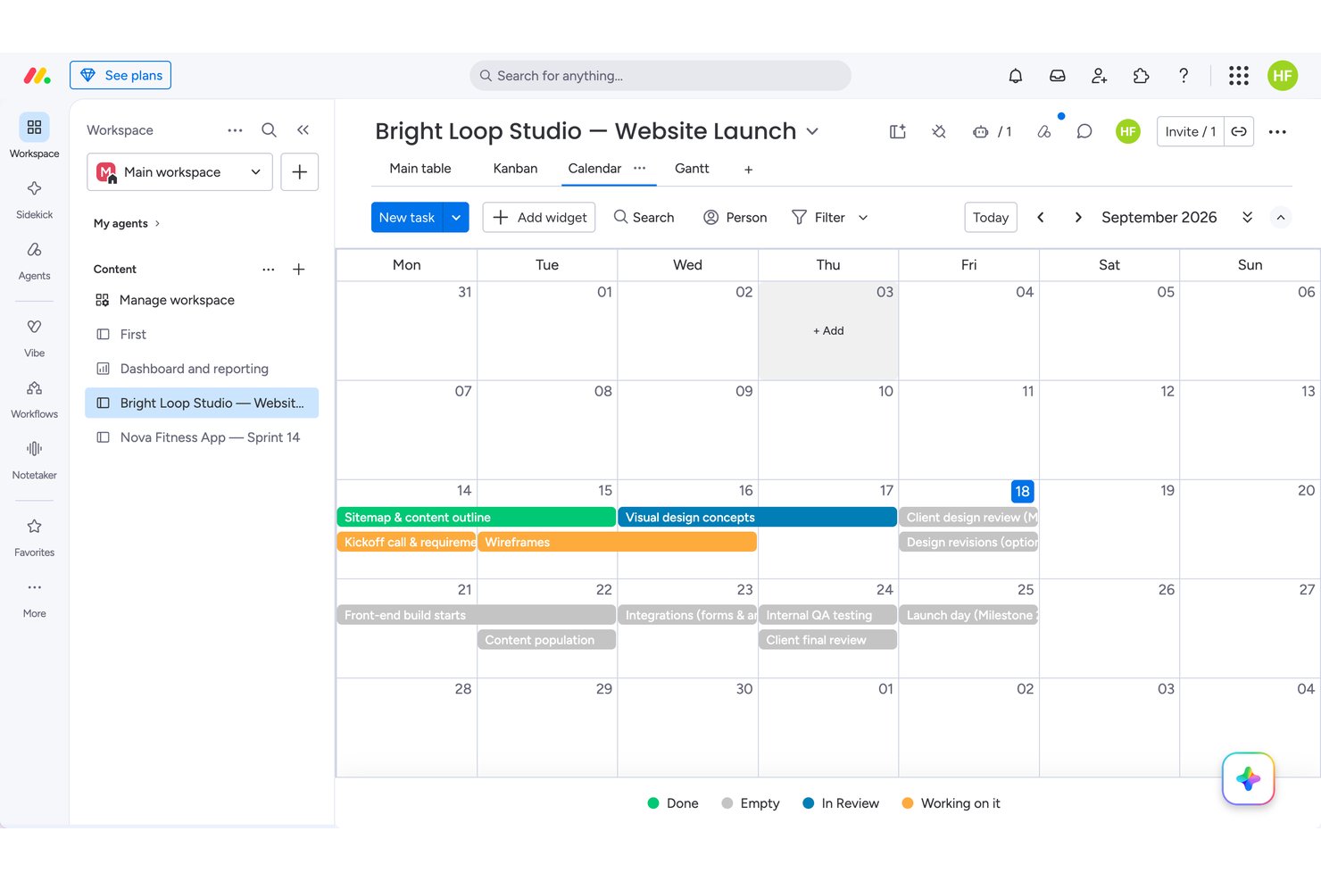 Monday's project calendar view