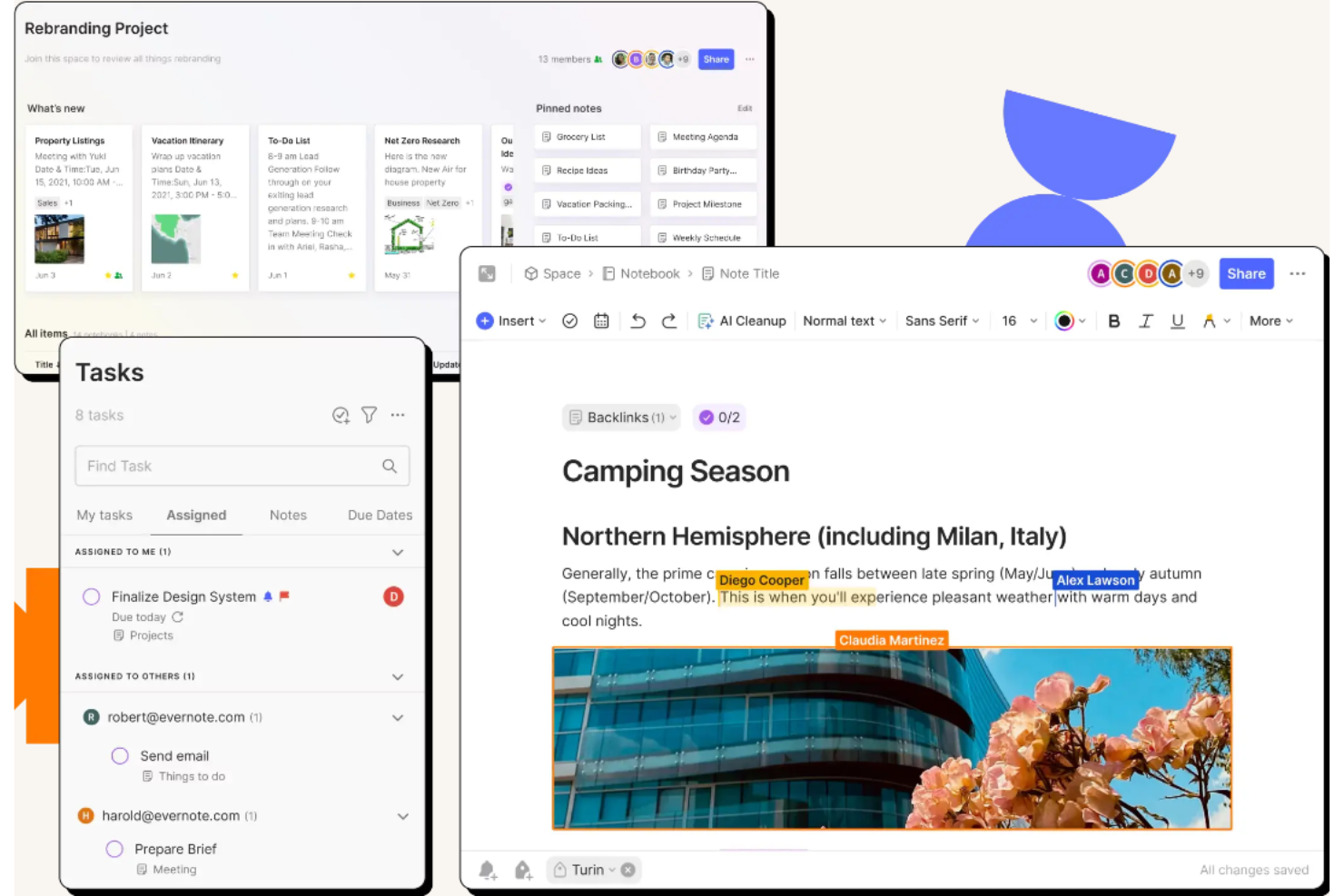 Evernote Teams UI showing notes, tasks panel, and collaborative editing with user cursors.