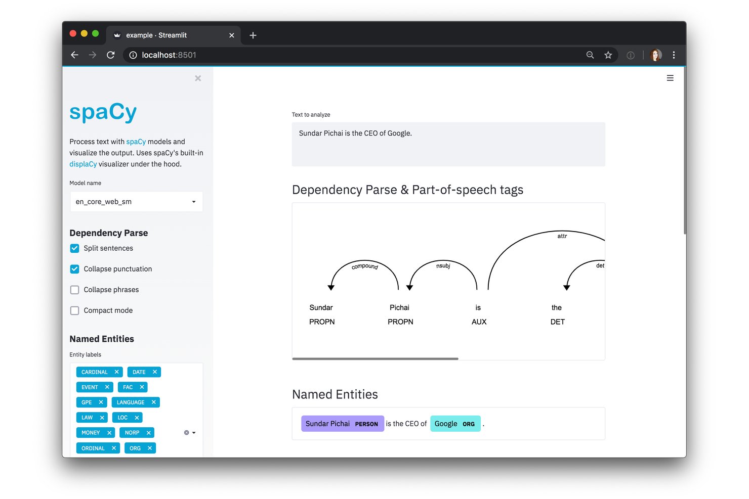 spaCy screenshot - Guida approfondita ai 10 migliori strumenti software per l’NLP del 2026