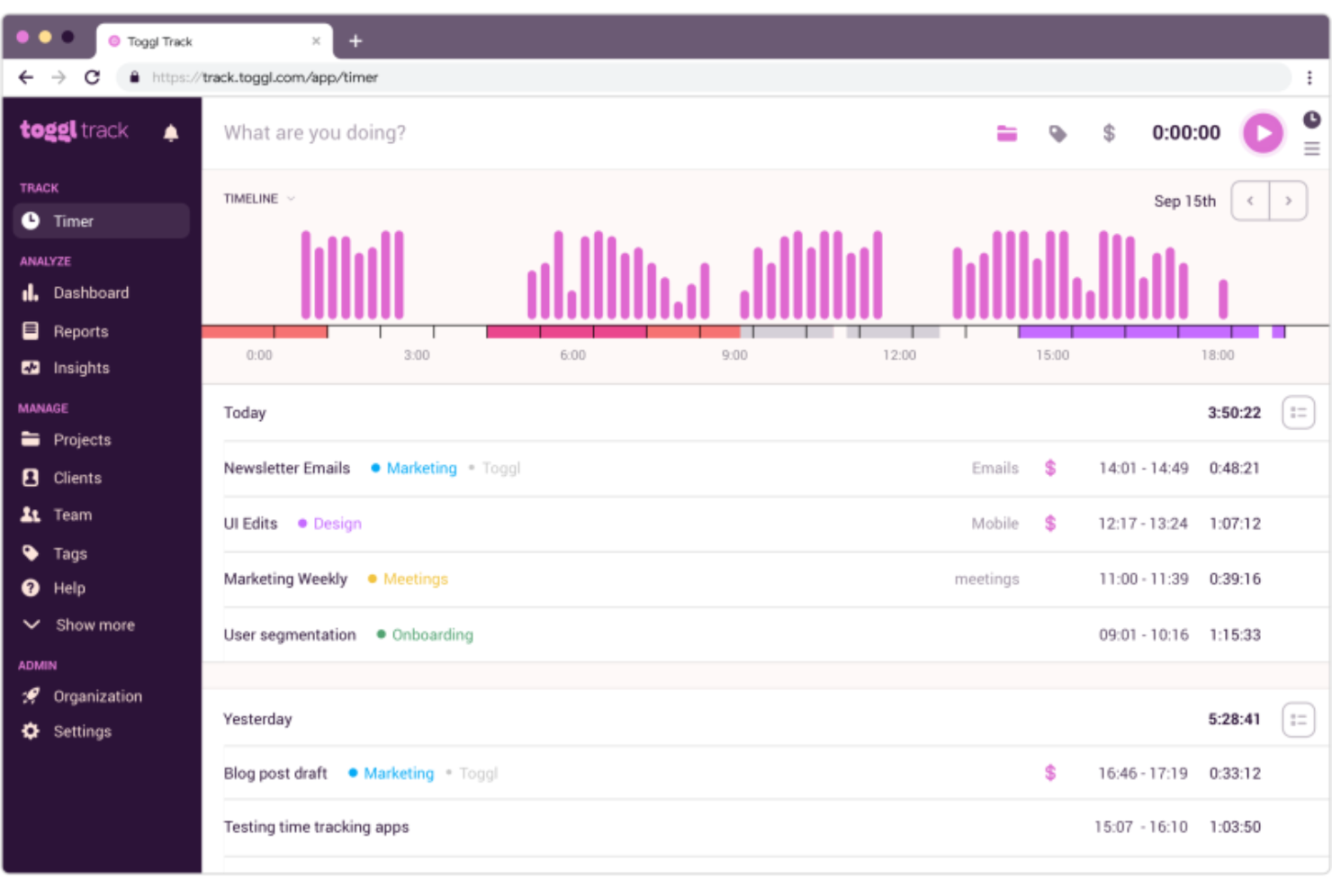 Toggl screenshot - 10 meilleurs outils de productivité en 2026