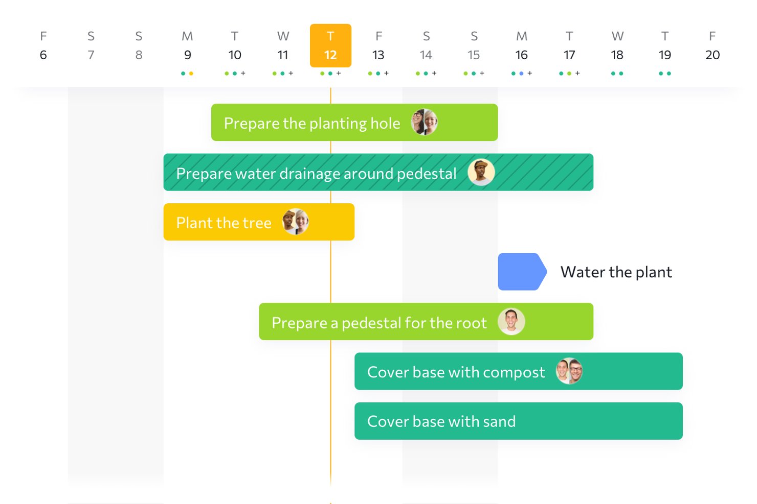 Quire Gantt-style timeline showing tree planting tasks across two weeks.