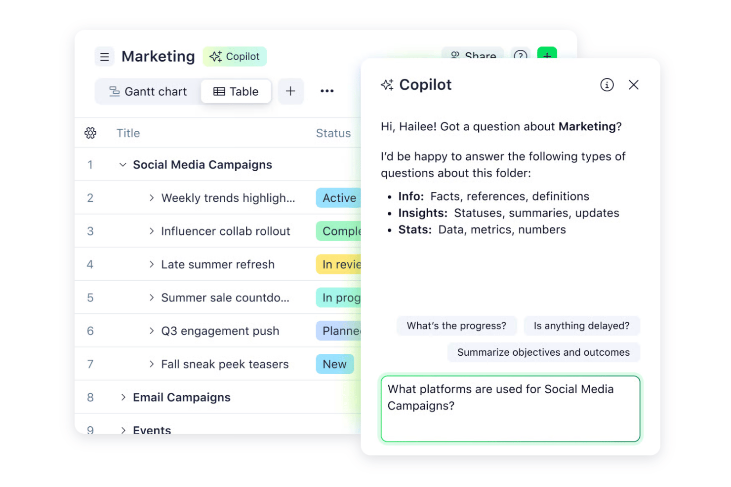 Wrike marketing project table with Copilot AI chat panel open on right.