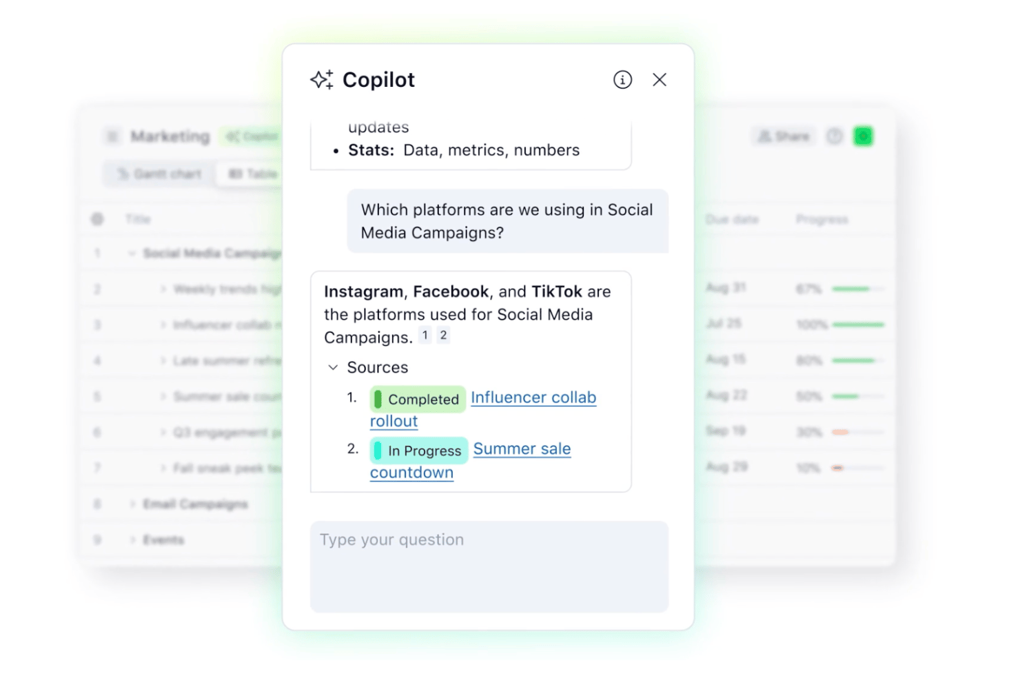 Copilot chat panel answering which platforms are used in Social Media Campaigns.