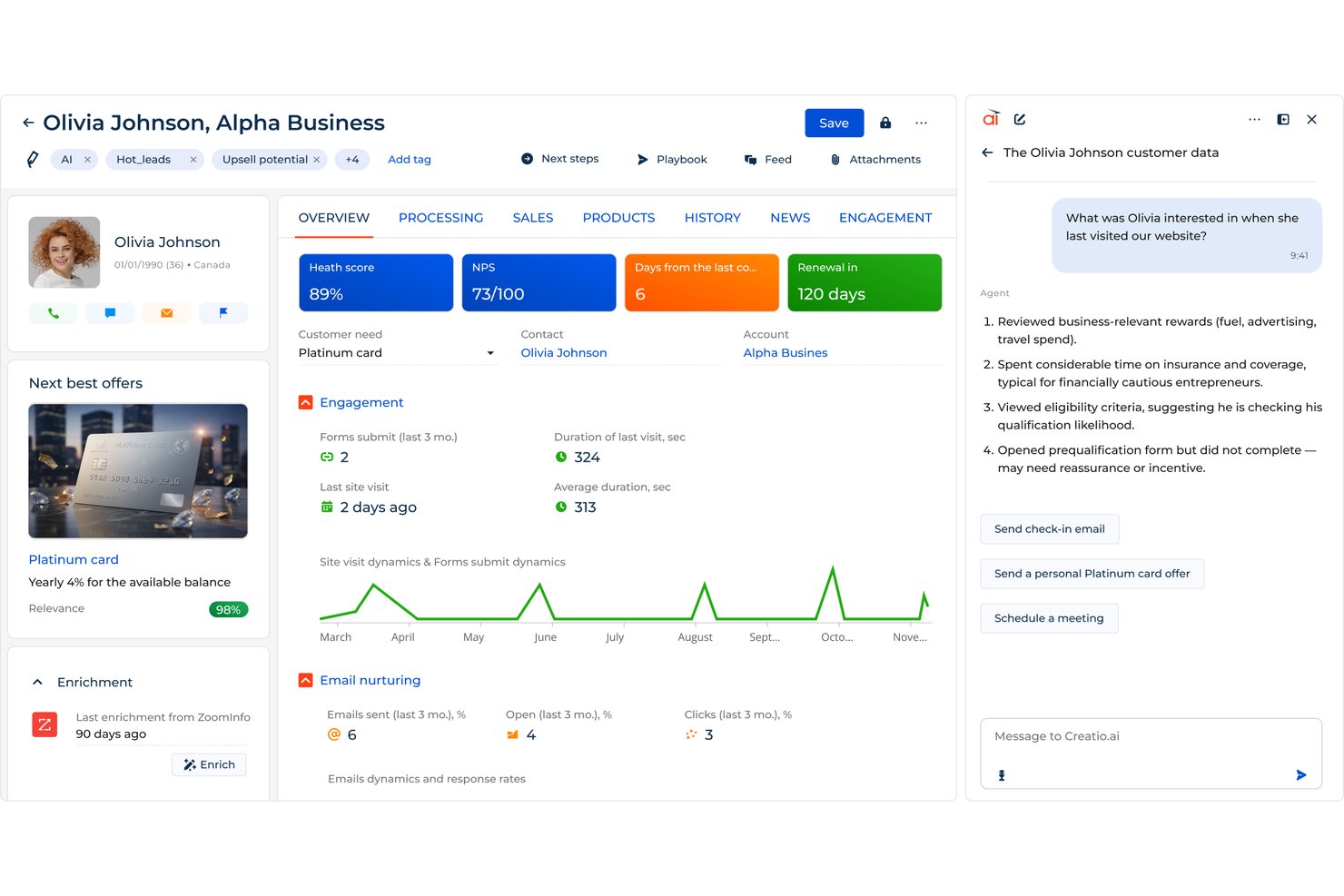 Profil client Creatio CRM avec discussion par IA, indicateurs d’engagement et prochaines offres recommandées.