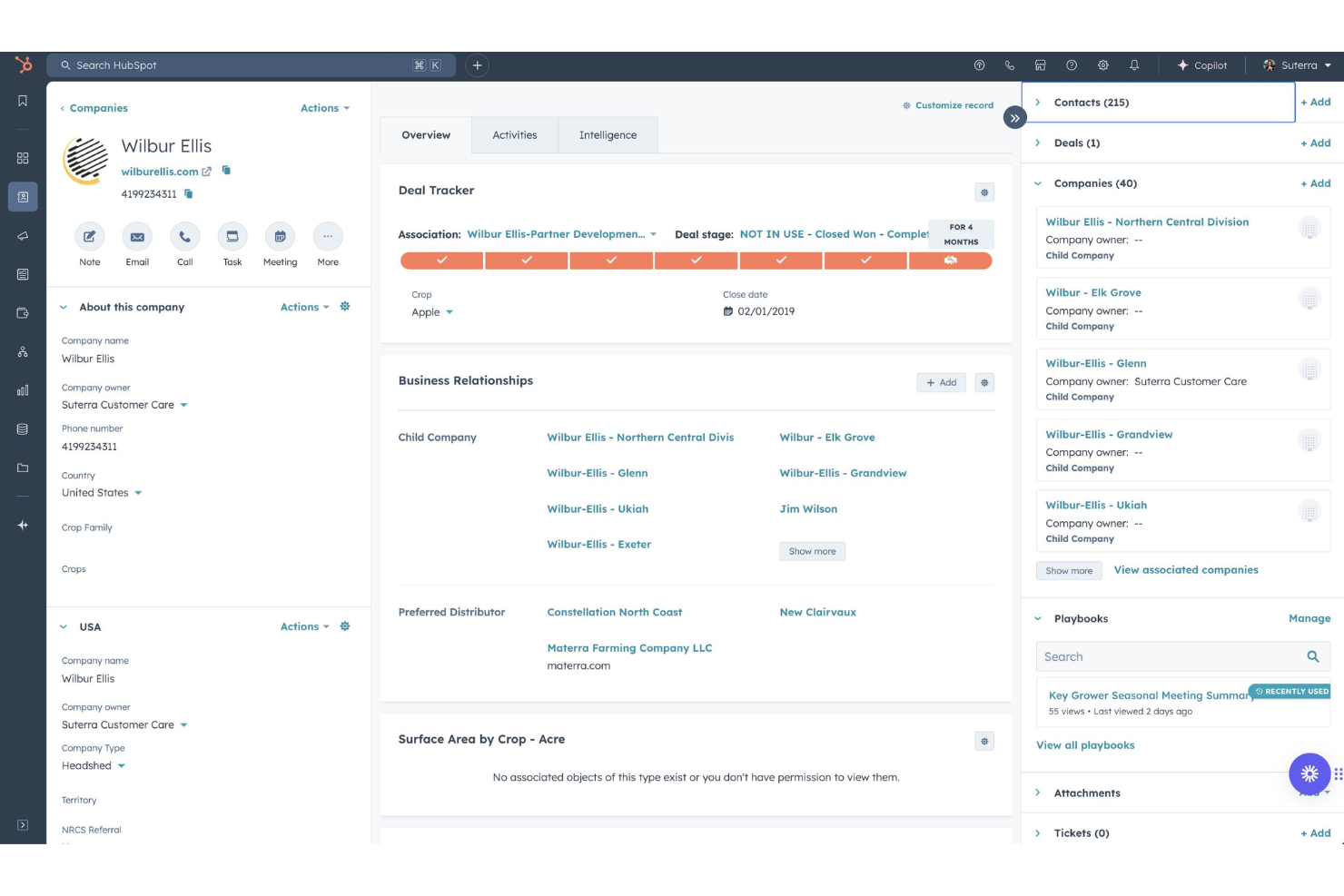 HubSpot CRM company profile page showing deal tracker, business relationships, and associated contacts.