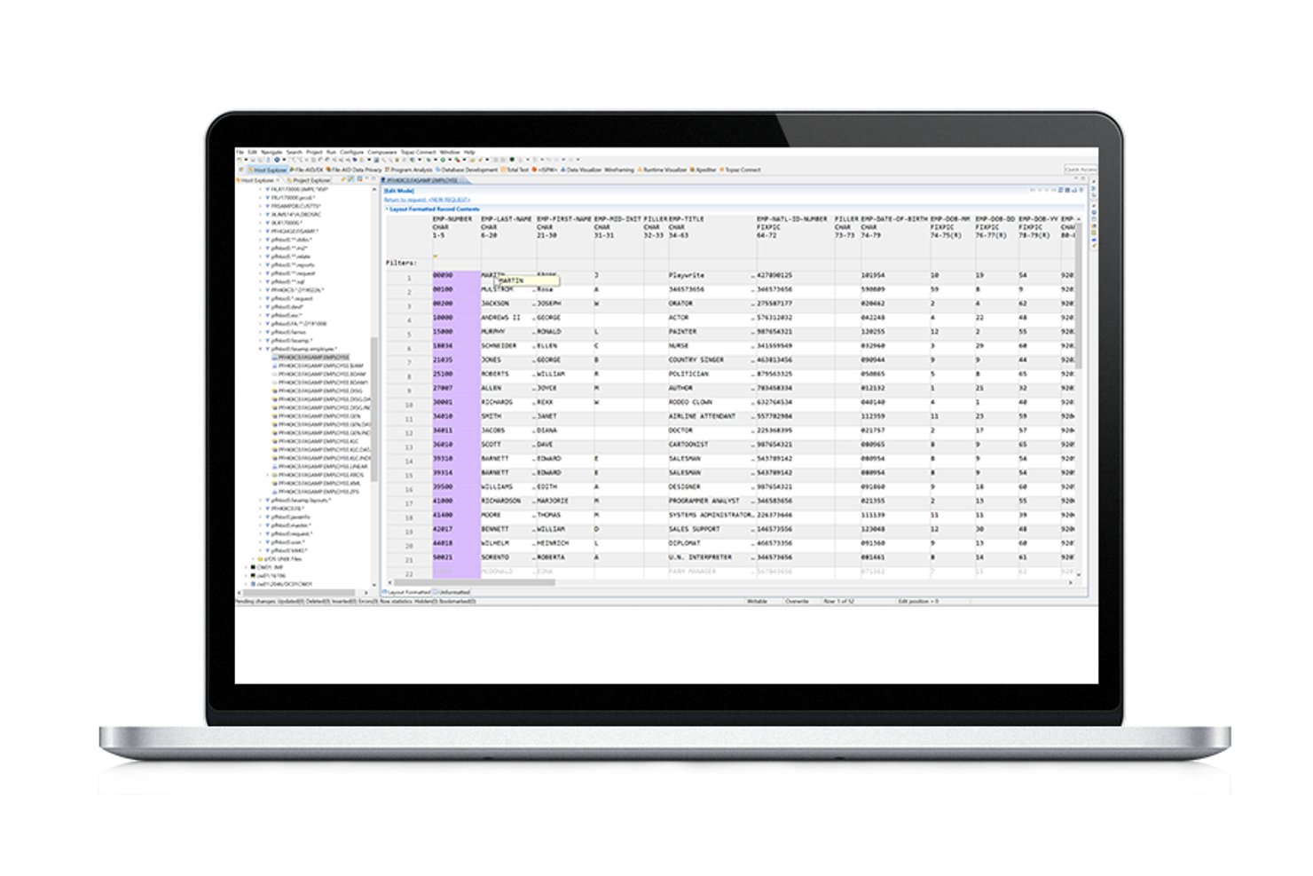 BMC Compuware data editor showing a table of employee records with multiple columns.