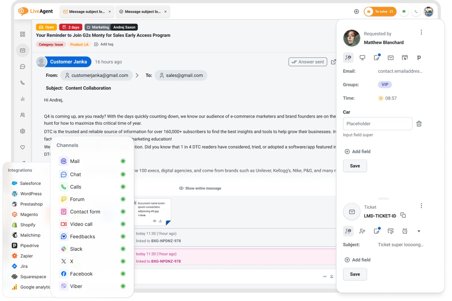 LiveAgent interface showing email ticket, customer panel, and channel integrations list.