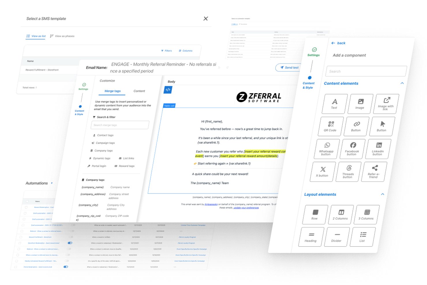 Editor delle email di referral di Ambassador che mostra tag di fusione, modelli SMS ed elementi di contenuto trascinabili.
