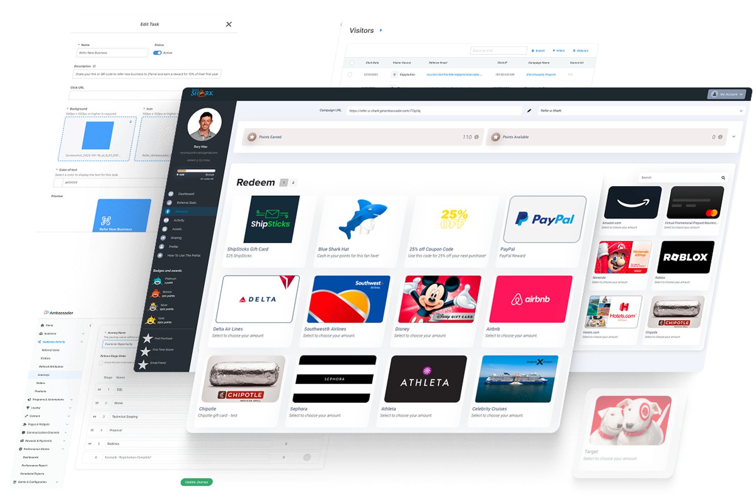 Ambassador dashboard showing referral rewards redemption options including gift cards and PayPal.