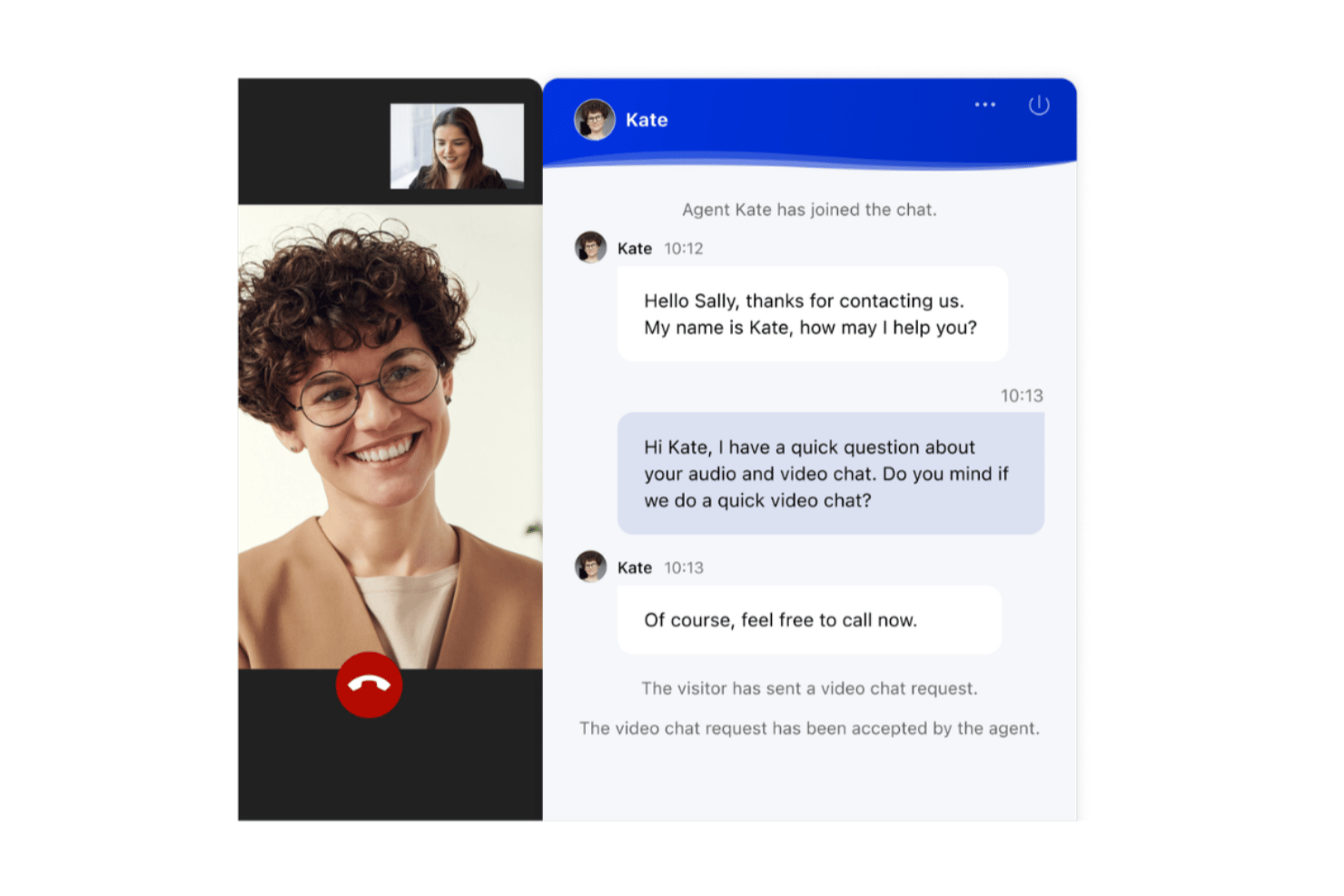Interfaccia di videochiamata e chat dal vivo in cui l'agente Kate aiuta la visitatrice Sally.