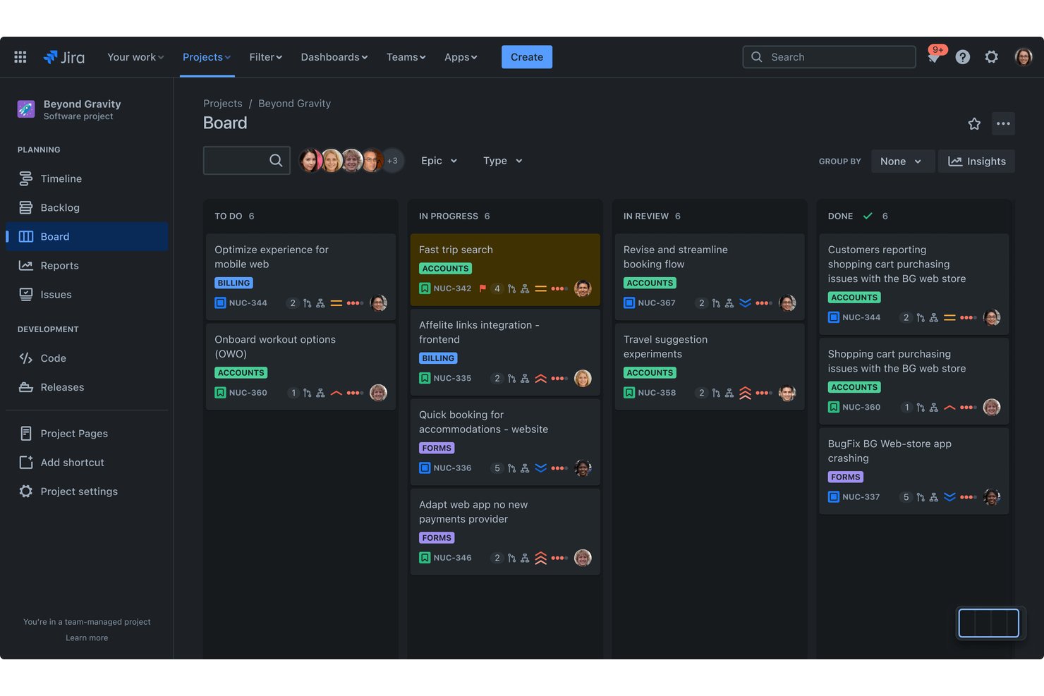 Jiras kanban-tavla med kolumnerna Att göra, Pågår, Under granskning och Klart.