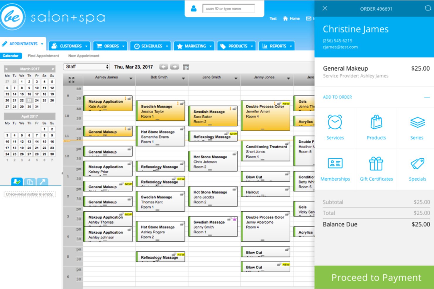 Calendario de programación del spa del salón Booker con el panel de pago del pedido abierto.