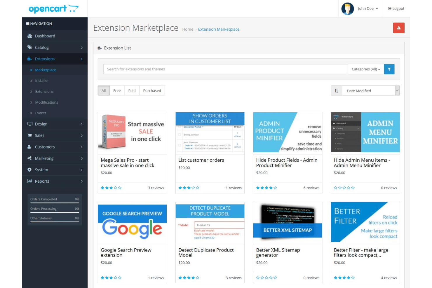 Panneau d'administration d'OpenCart affichant la place de marché d'extensions avec des listes d'extensions à 20&nbsp;$ chacune.