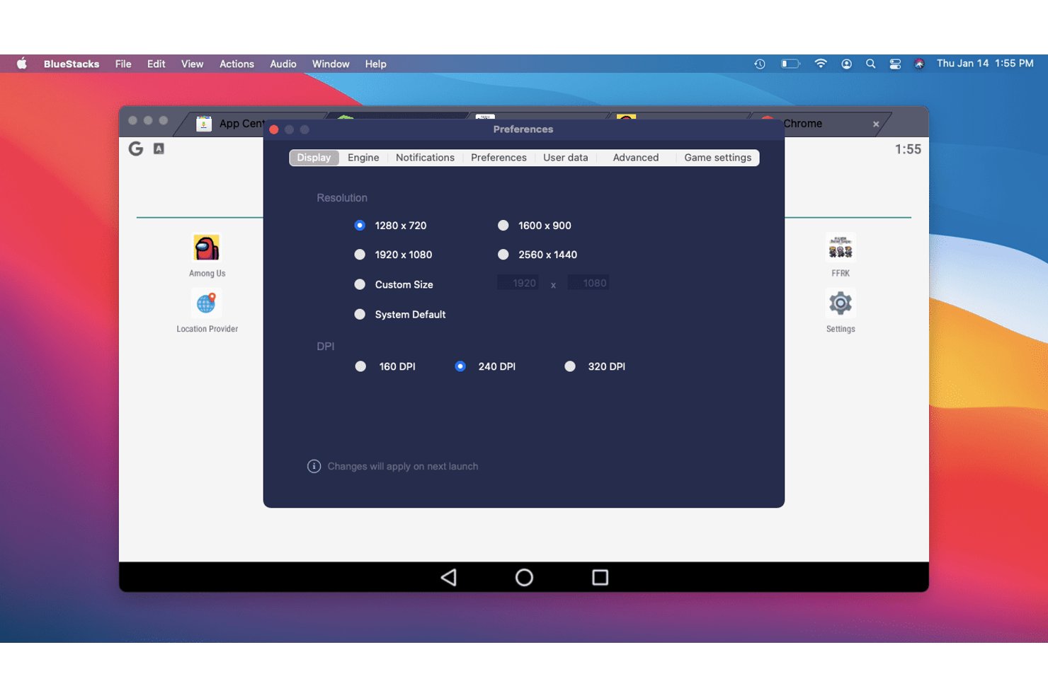 BlueStacks Preferences window showing display resolution and DPI options on Mac.