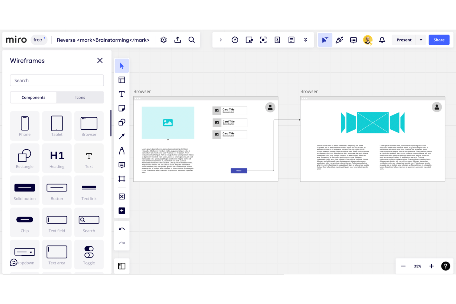 Bacheca di wireframing di Miro che mostra due layout di browser collegati con componenti riutilizzabili per pulsanti, testo, immagini, campi ed elementi di navigazione.