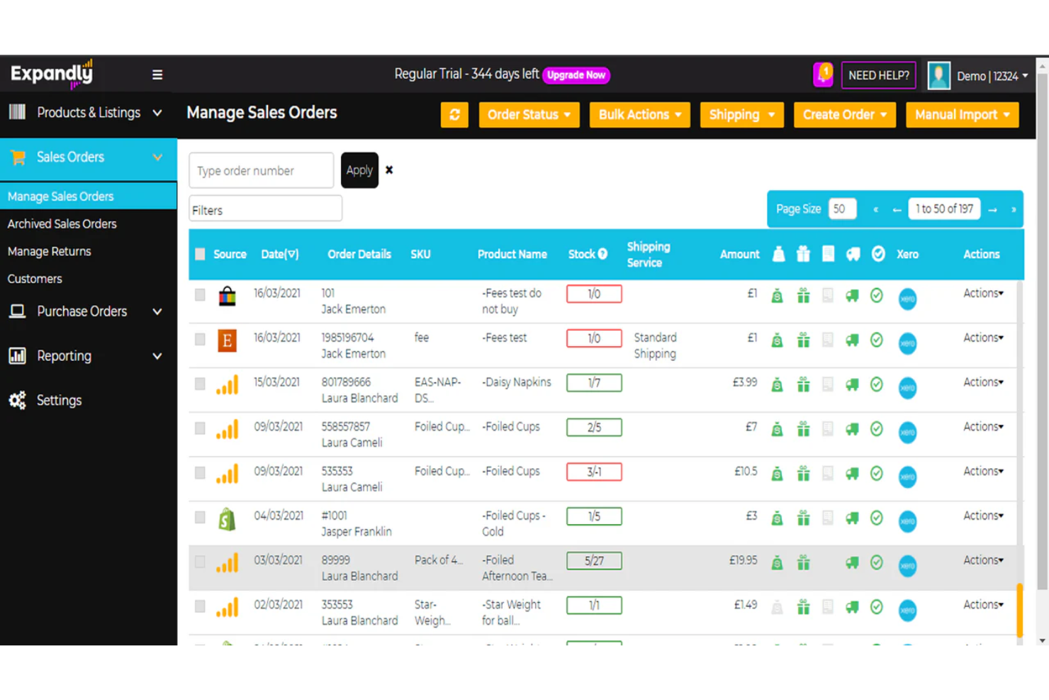 Tableau de bord de gestion des commandes de vente d’Expandly affichant une liste de commandes avec leur statut et les actions disponibles.