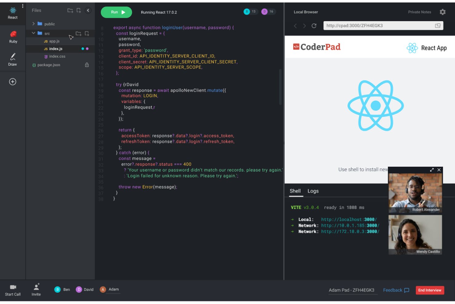Editor di codice React di CoderPad per più file, con anteprima dal vivo e chat video.