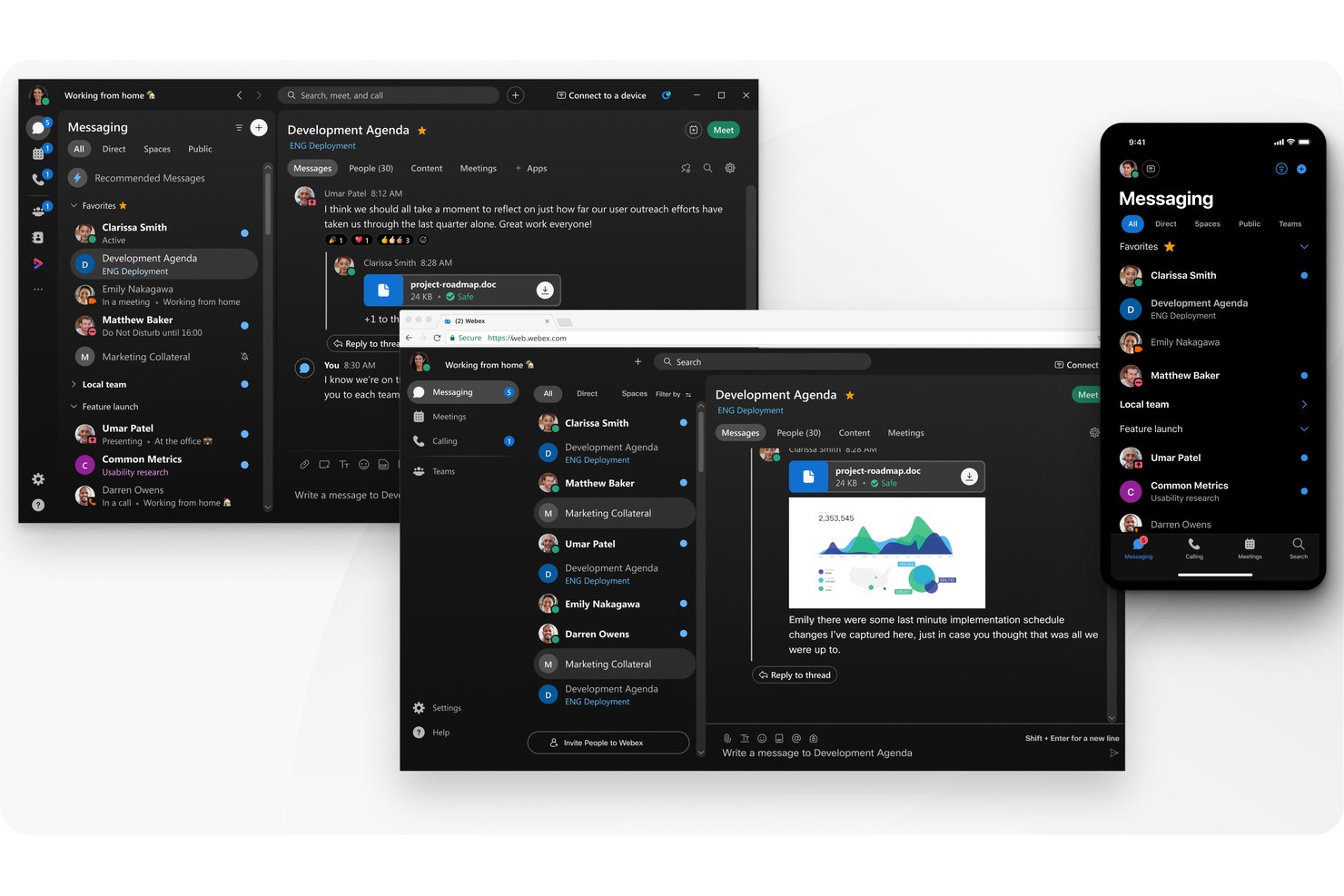 Webex messaging interface showing team chats, file sharing, and mobile app across multiple windows.
