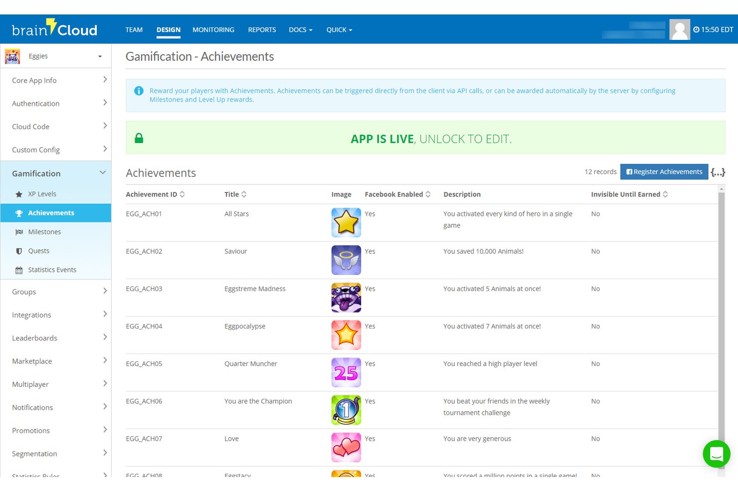 brainCloud-instrumentpanel som visar en lista med 12 spelifieringsprestationer med ikoner och beskrivningar.