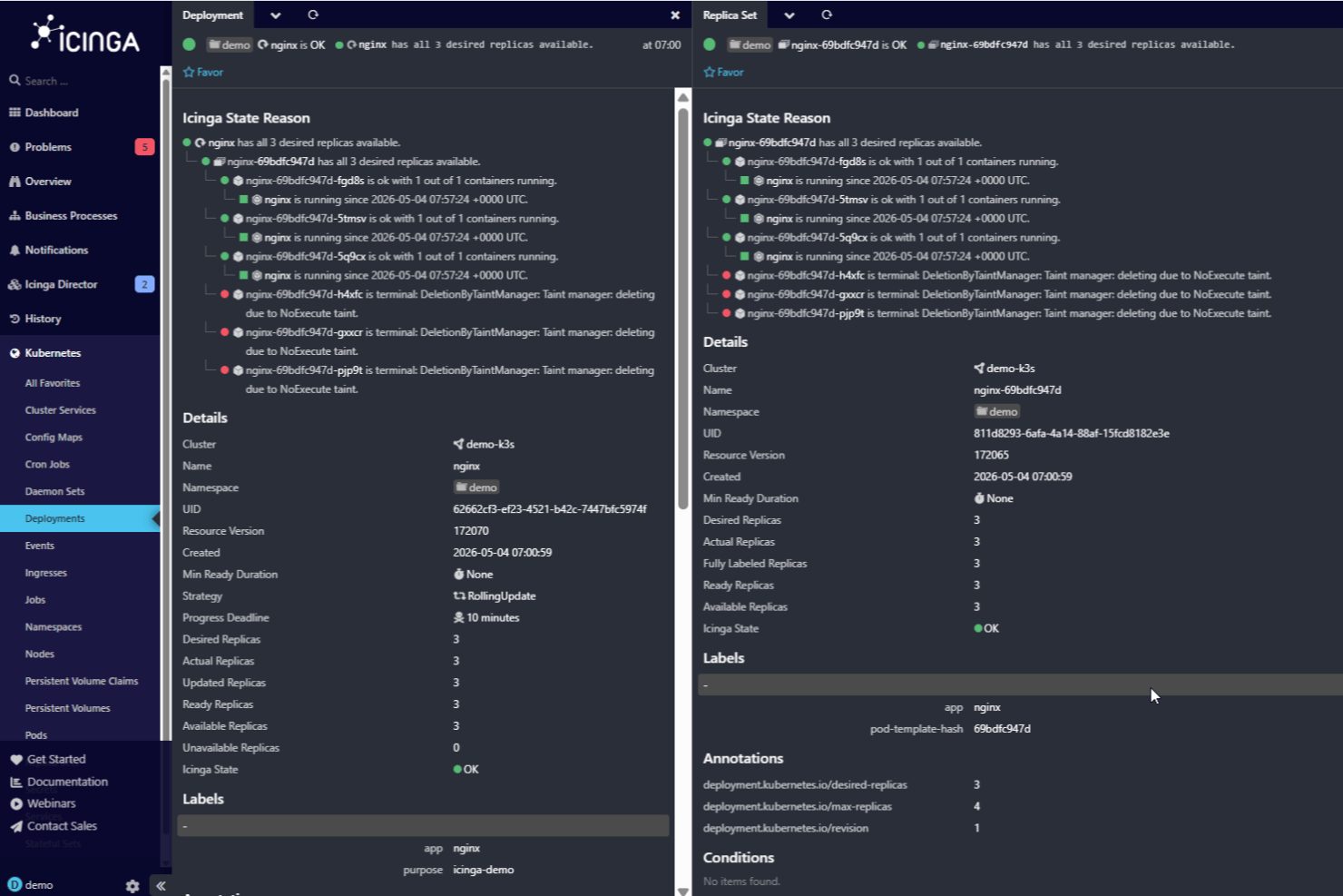 Icinga Deployments dashboard with labels, details, and annotations.
