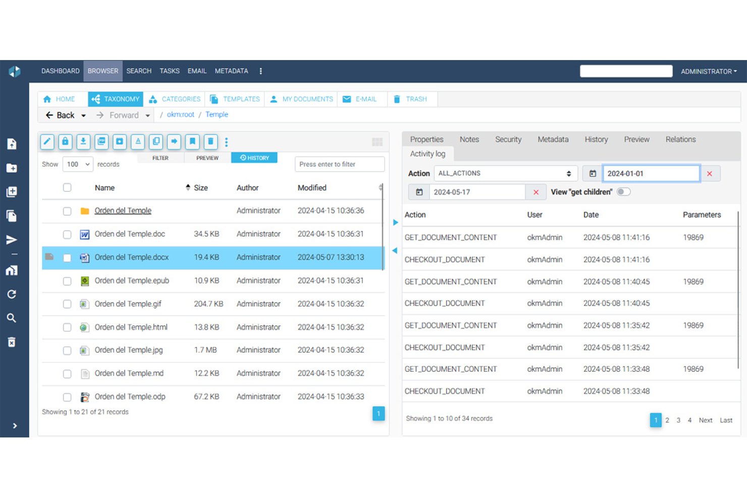OpenKM document browser showing file list and activity log with action history panel.
