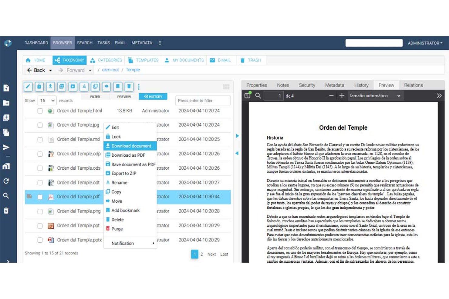 OpenKM document browser showing PDF preview and right-click context menu options.