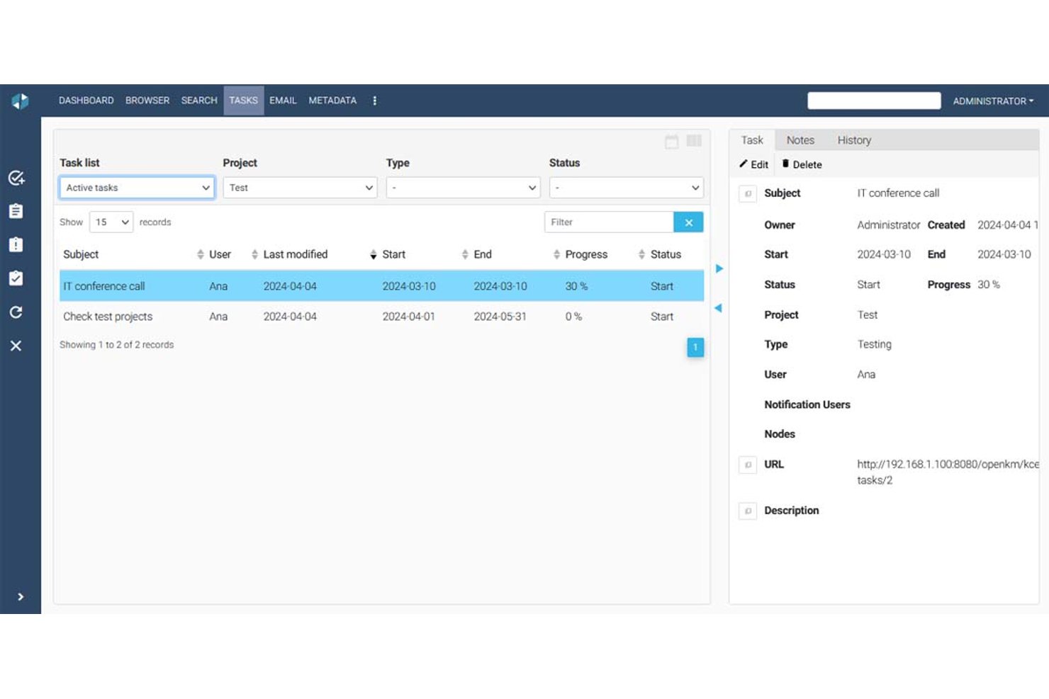 OpenKM Community Edition task list showing IT conference call with status and progress details.