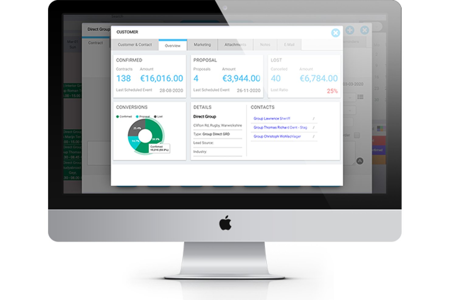 Pxier Event customer overview panel showing contracts, proposals, and conversion chart.