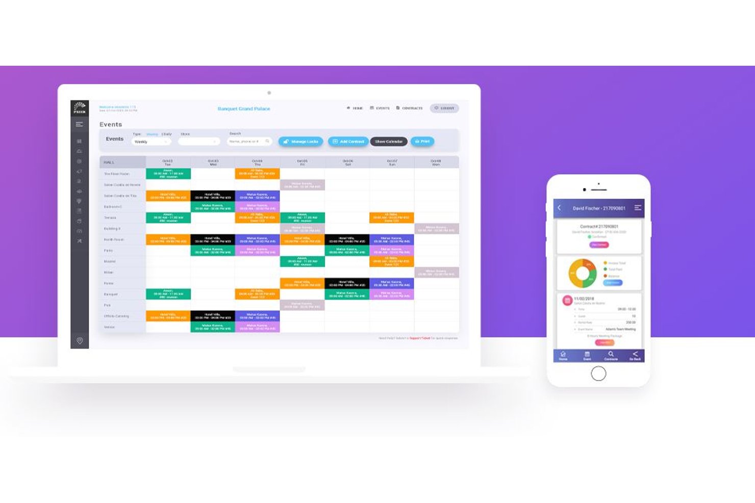 Pxier Event weekly calendar view on desktop and mobile showing hall bookings.