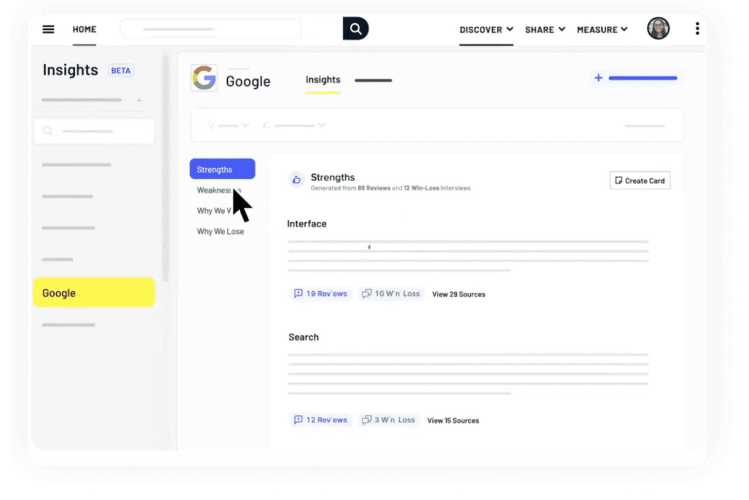 Klue dashboard showing Google competitor strengths insights from reviews and interviews.