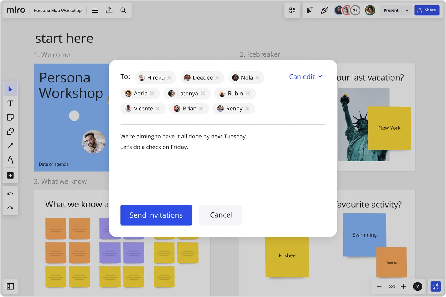 Miro board showing an invitation dialog with multiple recipients and a message.