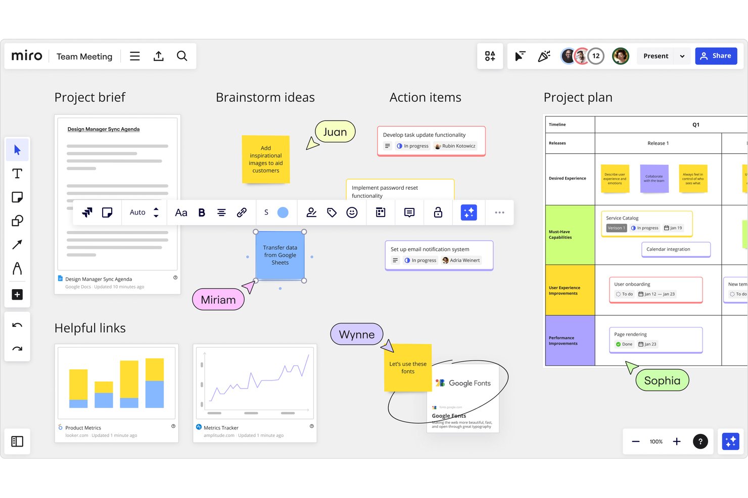 Miro whiteboard with project brief, brainstorm sticky notes, action items, and project plan.