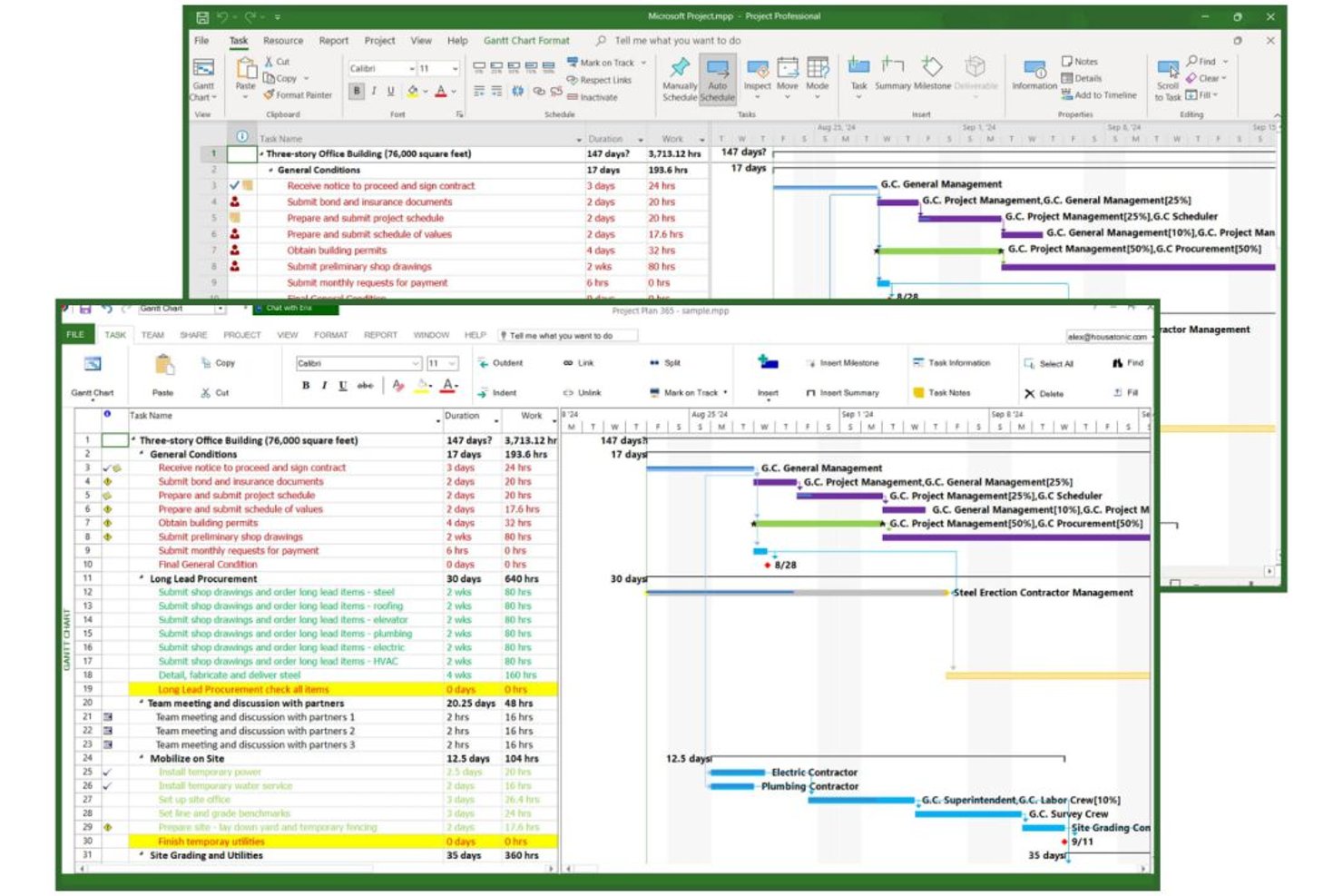 Två överlappande Gantt-schemafönster som jämför vyer från Microsoft Project och Project Plan 365.