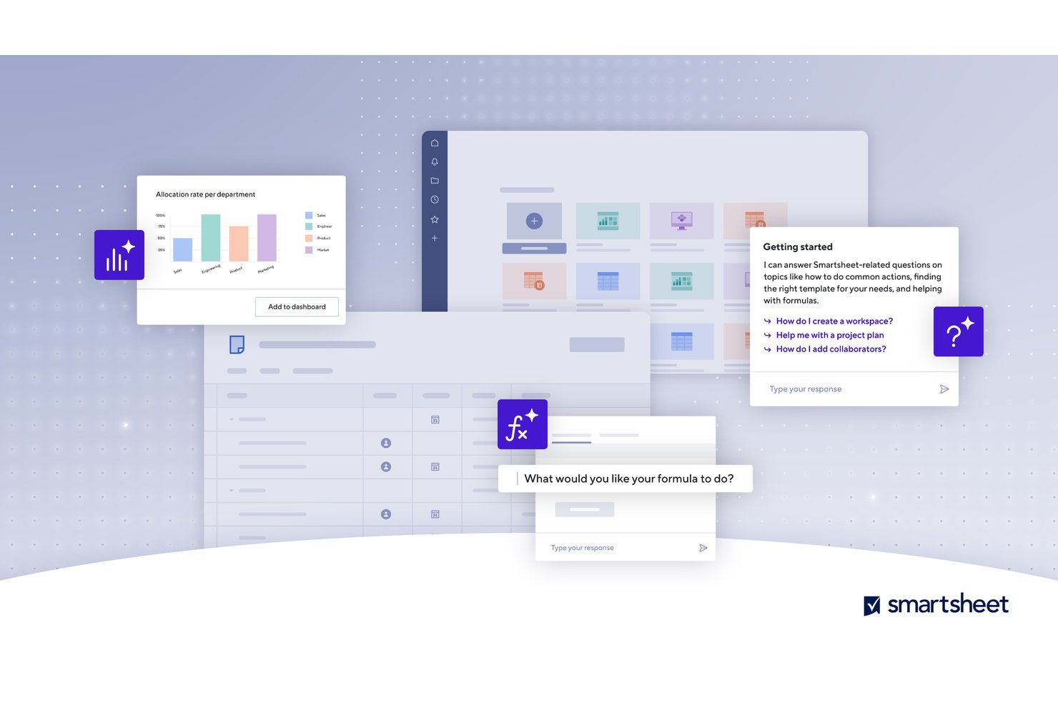 Smartsheet AI interface showing formula assistant, chat panel, and bar chart.