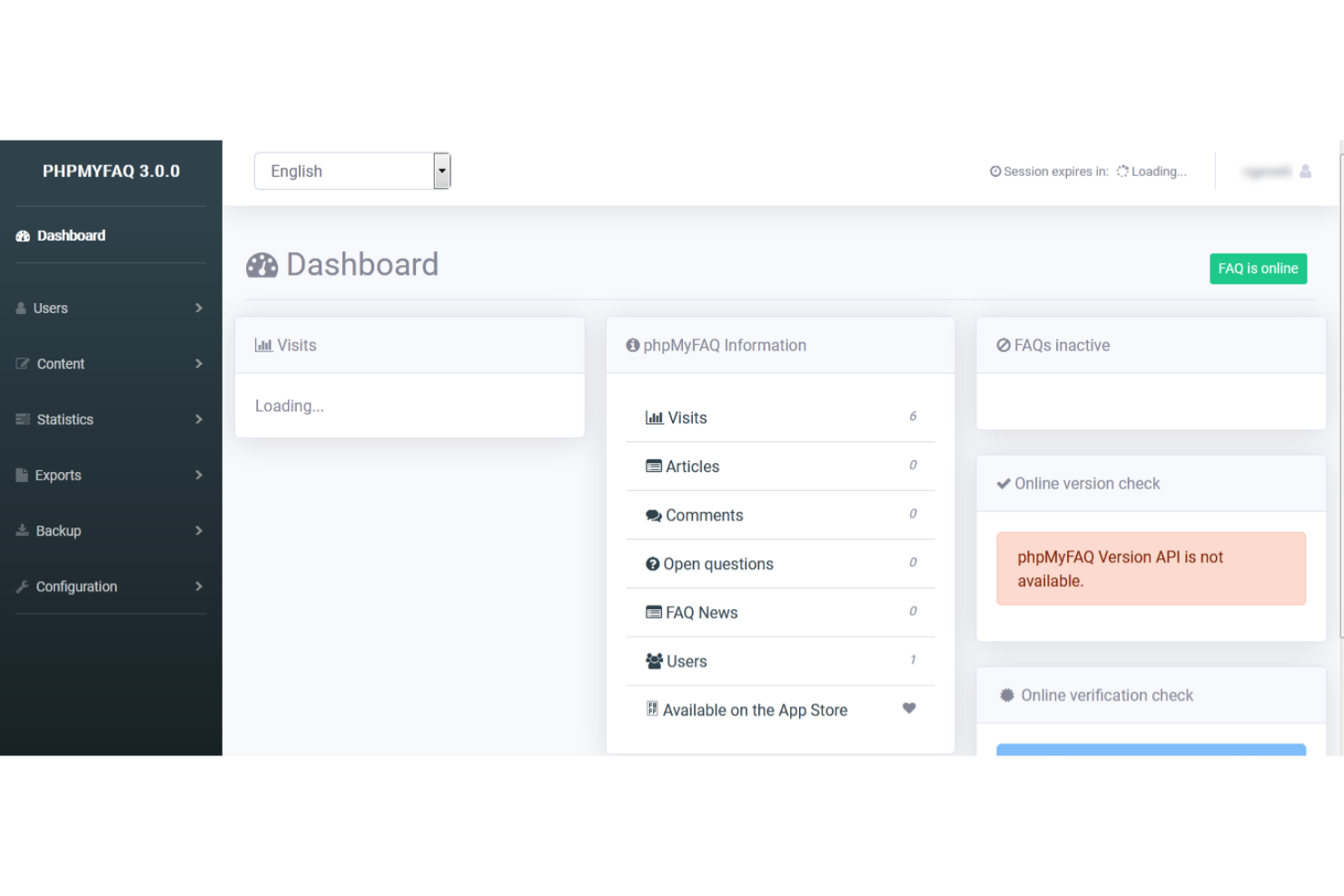 Het phpMyFAQ 3.0.0-beheerdersdashboard met bezoeken, artikelen en de FAQ-status.