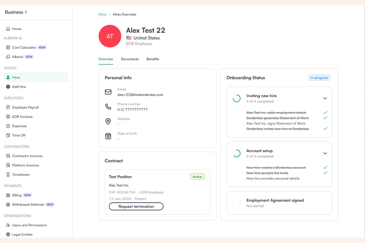 EOR employee profile showing onboarding status steps and contract details.