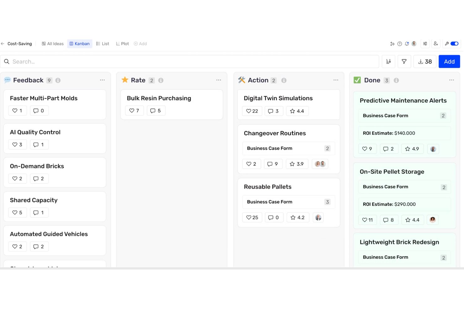 Tablero kanban con cuatro columnas: Comentarios, Valorar, Acción y Completado, que muestra tarjetas de ideas.