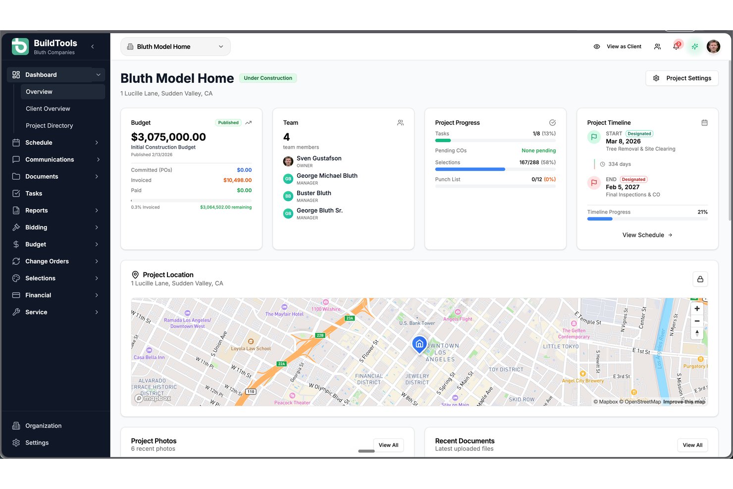 BuildTools project dashboard showing budget, team, progress, and map location.
