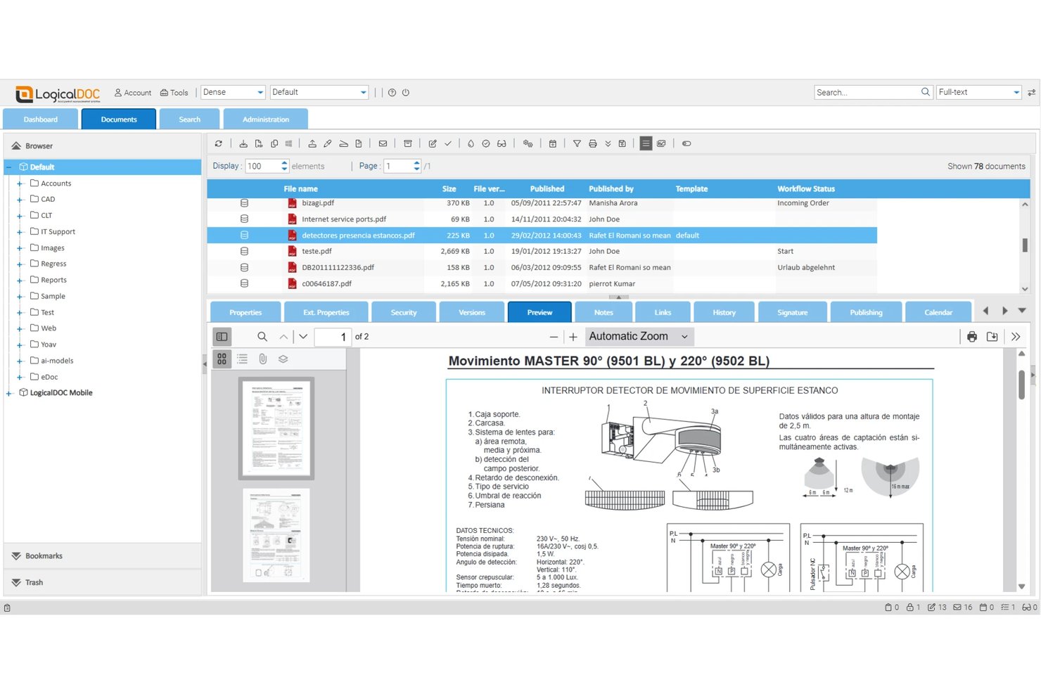 LogicalDOC document management interface showing PDF preview of a technical document.