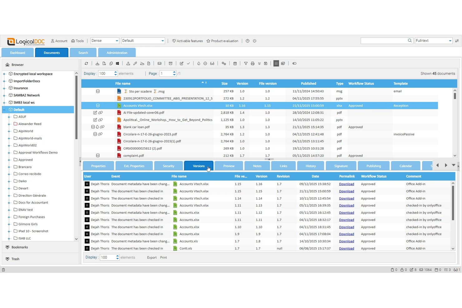 LogicalDOC document manager showing version history tab with file revisions and audit log.