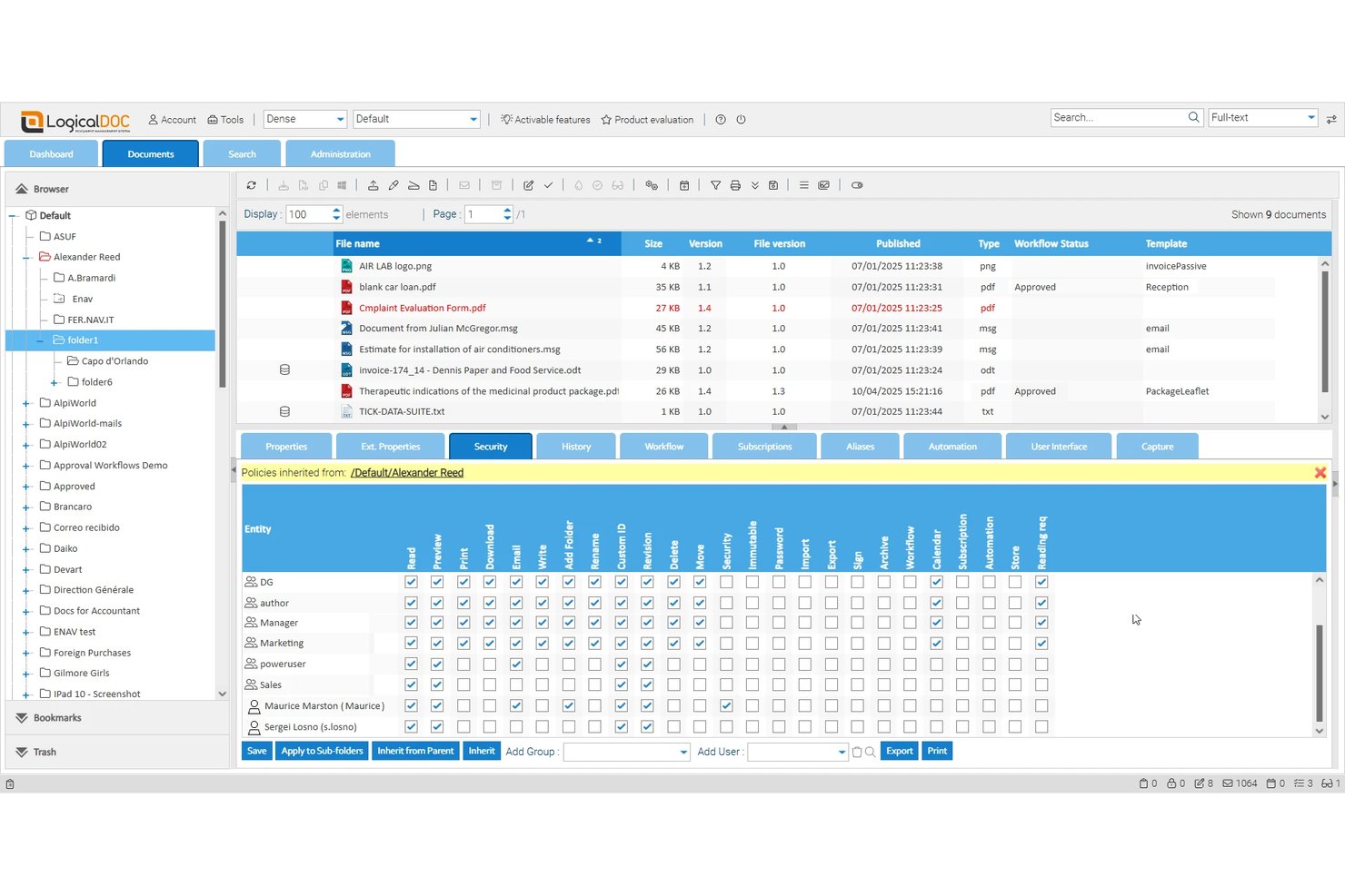 LogicalDOC folder security permissions panel showing inherited policies and user group checkboxes.