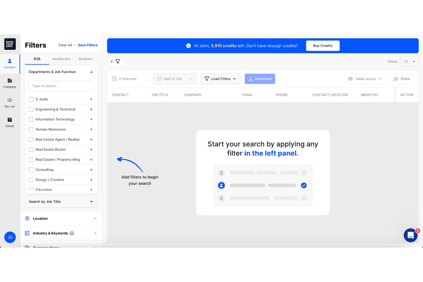 BookYourData contact search interface with department filters and empty results panel.