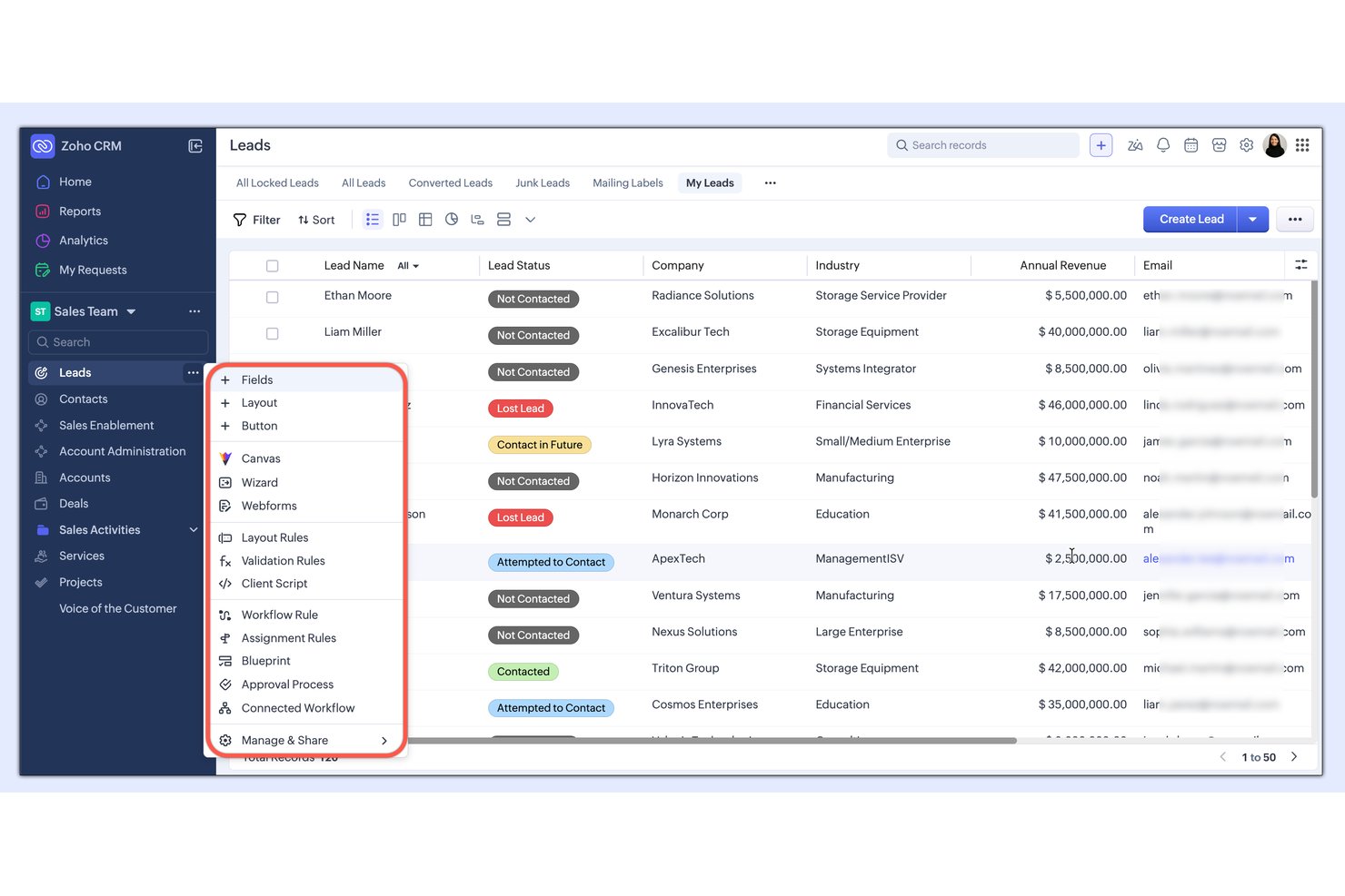 Zoho CRM Leads module with customization dropdown menu showing layout and workflow options.