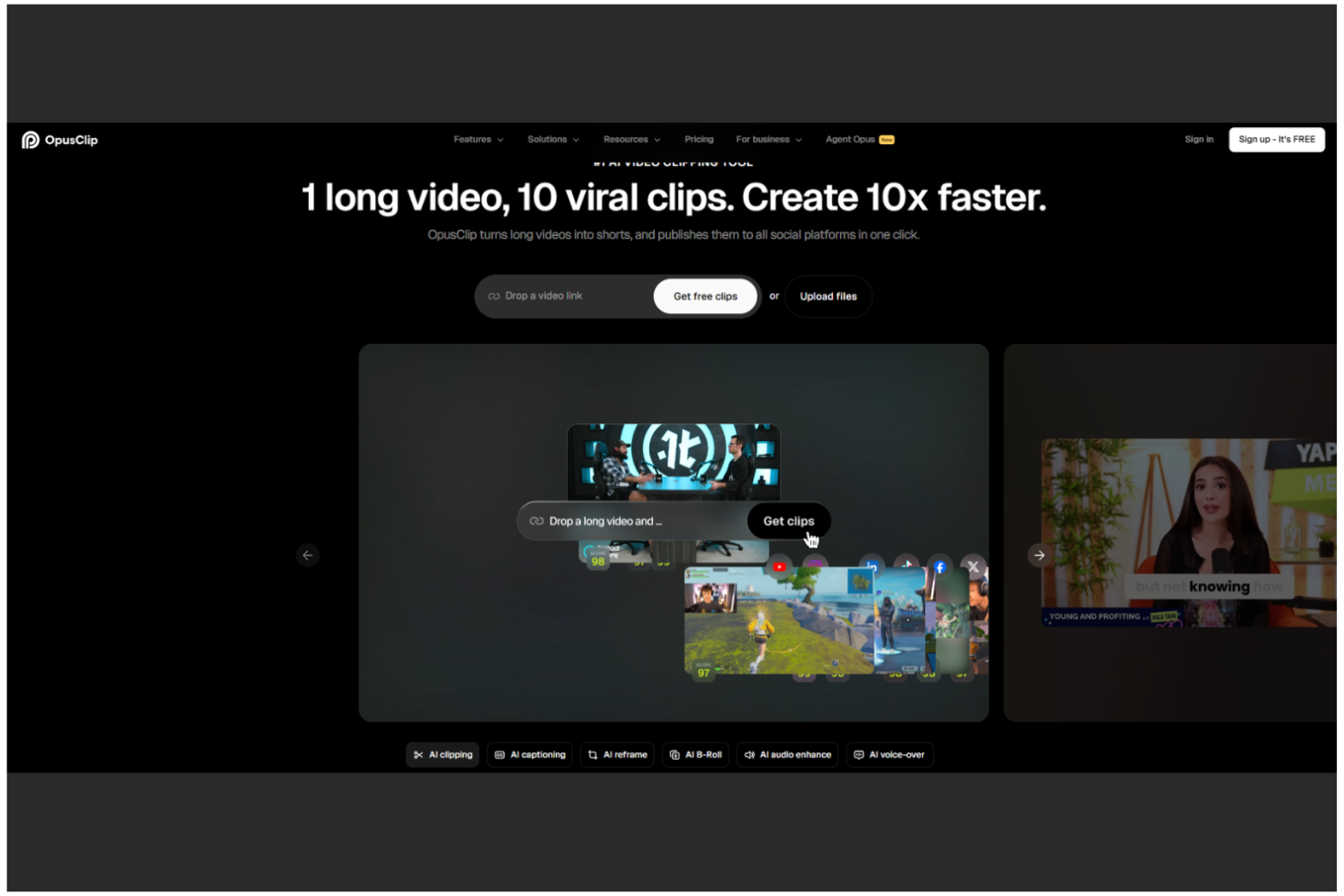 OpusClip-Startseite mit einem Tool zur Umwandlung von Videos in Clips, Eingabefeld und Vorschau.